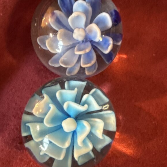 Lot Of Two Glass Paperweights Present as Flowers, Both in Blue Colors About 2“ - Picture 3 of 6
